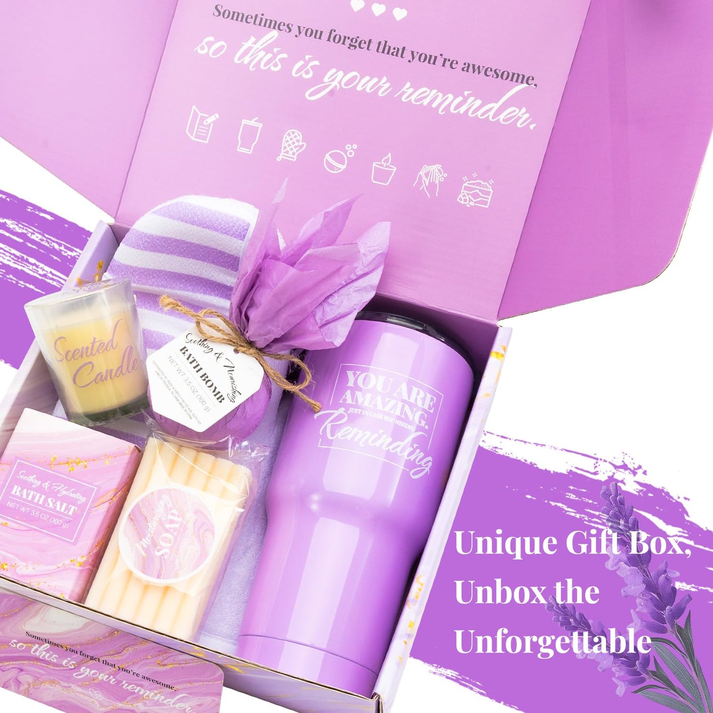 Bath Sets for Women Gift Gift Baskets for Women 8Pcs Lavender Gift Set for Women with 20Oz Vacuum Insulated Tumbler Birthday Gifts for Women Christmas Gift Baskets