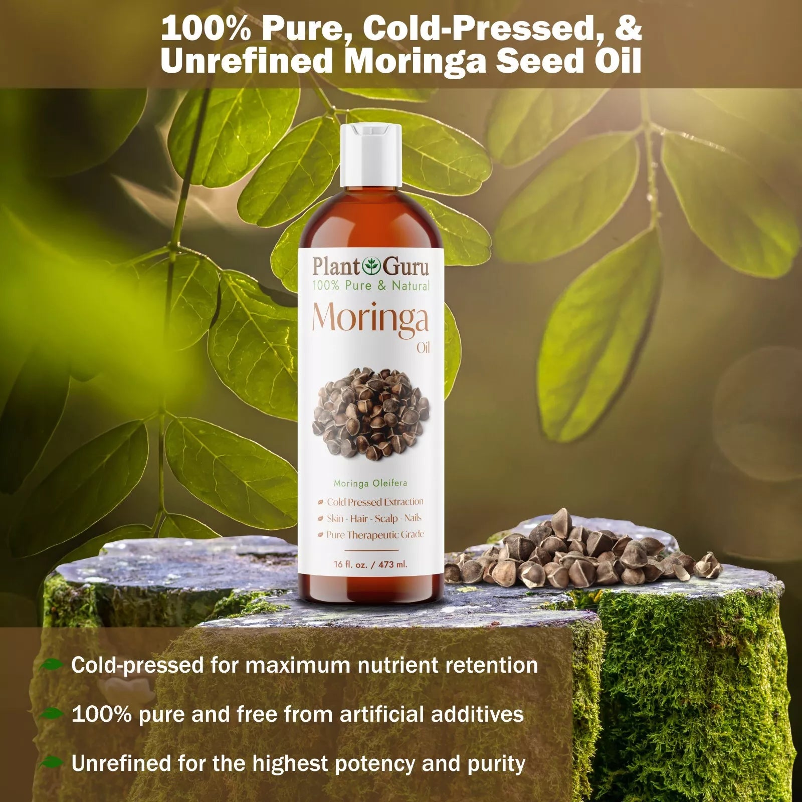 Moringa Seed Oil 2 Oz. Cold Pressed 100% Pure Natural - Skin, Body and Face. Great for Hair & More!